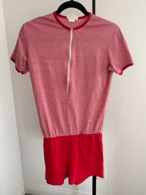 Vintage Striped Red Short-Sleeve Romper with Front Zip